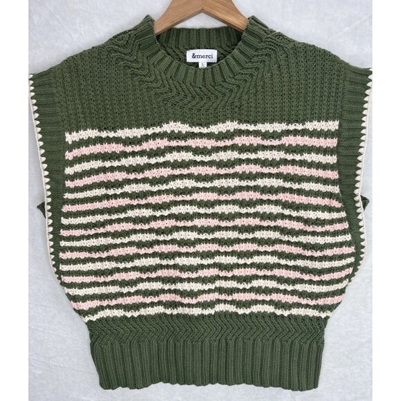 & Merci Women's Contrast Stitch Sweater Vest Size Large Green Pink White - Picture 1 of 8
